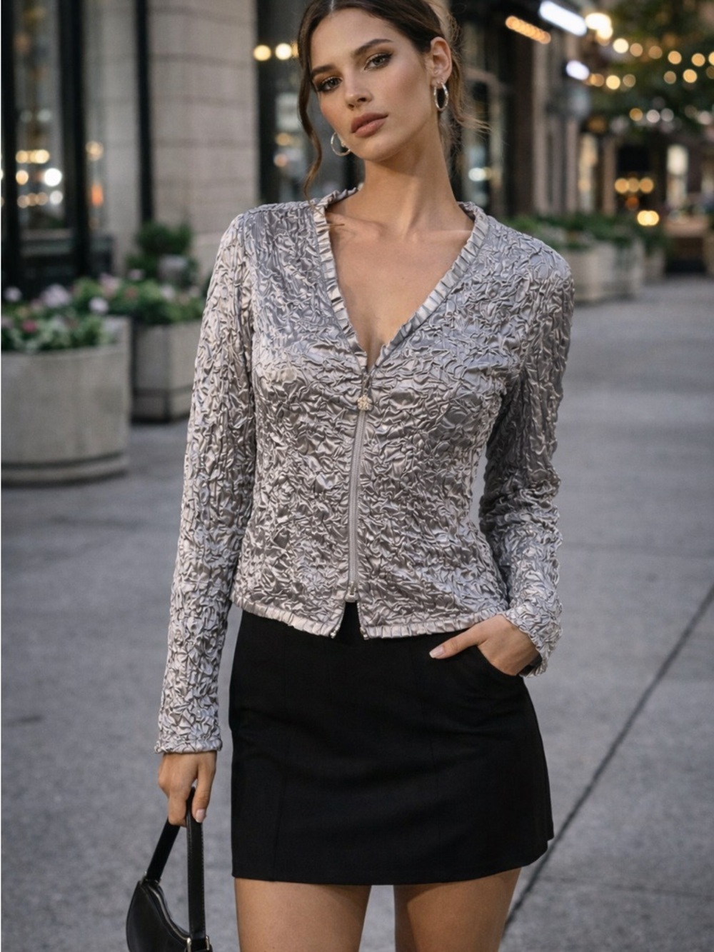 Joseph Ribkoff Silver Textured Zip Top Jacket Size 12 Made in Canada